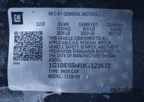 2019 Chevrolet Cruze Lt z USA, uszkodzony, nr VIN 1G1BE5SM1K7123672